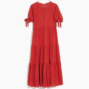 Madewell Tie-Sleeve Tiered Midi Dress in Swiss Dot